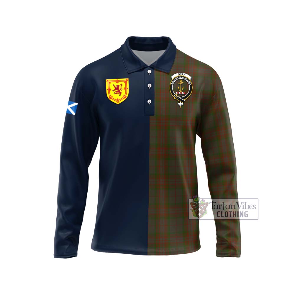 Tartan Vibes Clothing Gray Tartan Long Sleeve Polo Shirt with Scottish Lion Royal Arm Half Style