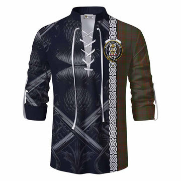 Gray Tartan Ghillie Kilt Shirt with Family Crest Cross Sword Thistle Celtic Vibes Men - Tartan Vibes Clothing