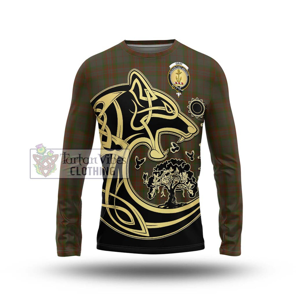 Gray Tartan Long Sleeve T-Shirt with Family Crest Celtic Wolf Style Unisex - Tartan Vibes Clothing