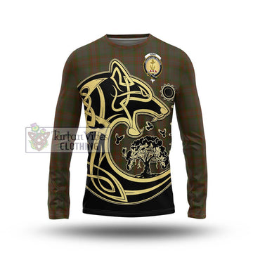 Gray Tartan Long Sleeve T-Shirt with Family Crest Celtic Wolf Style