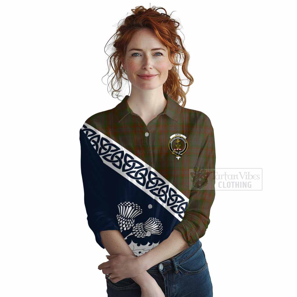 Tartan Vibes Clothing Gray Tartan Women's Casual Shirt Featuring Thistle and Scotland Map