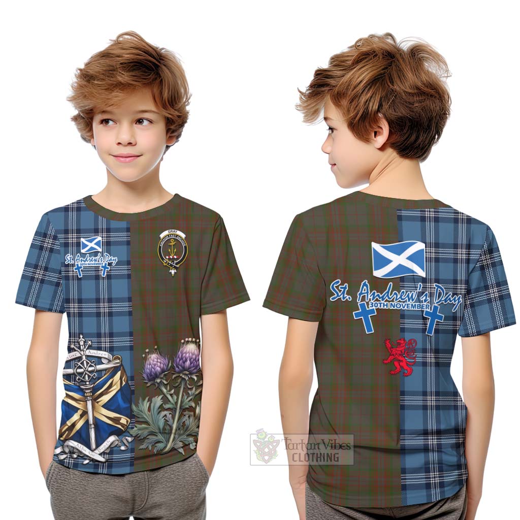 Tartan Vibes Clothing Gray Tartan Kid T-Shirt Happy St. Andrew's Day Half Tartan Style