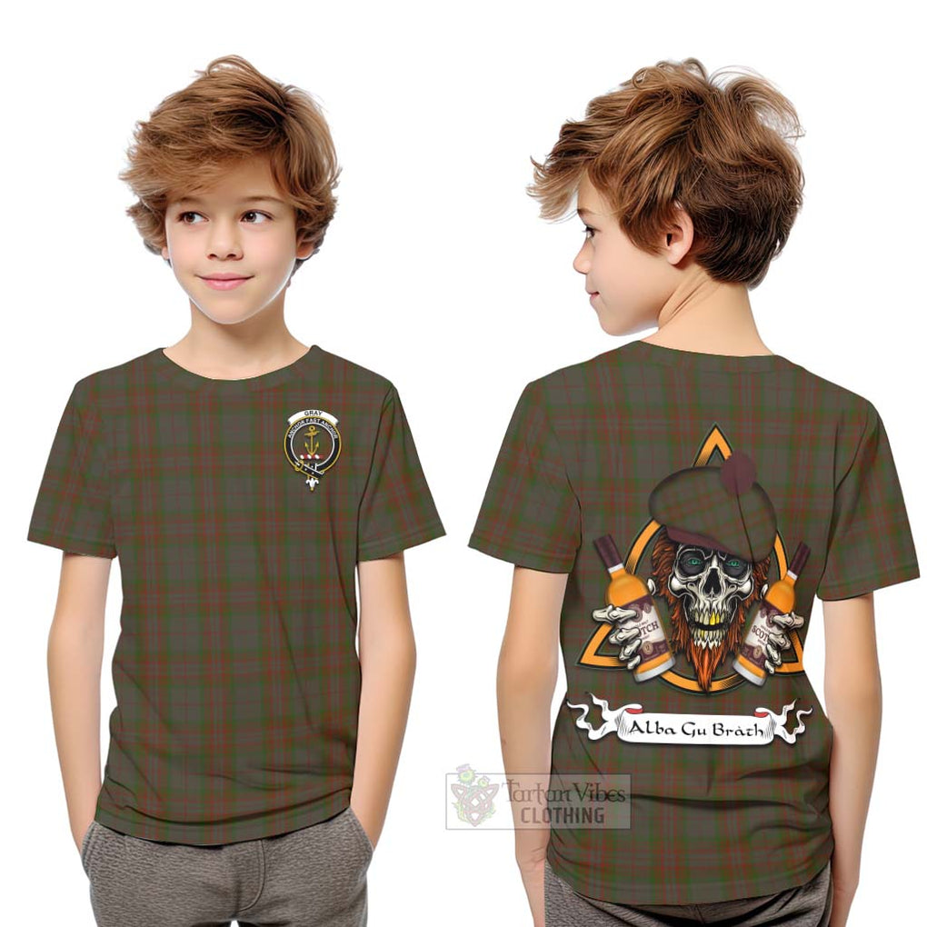 Tartan Vibes Clothing Gray Tartan Kid T-Shirt with Family Crest and Bearded Skull Holding Bottles of Whiskey