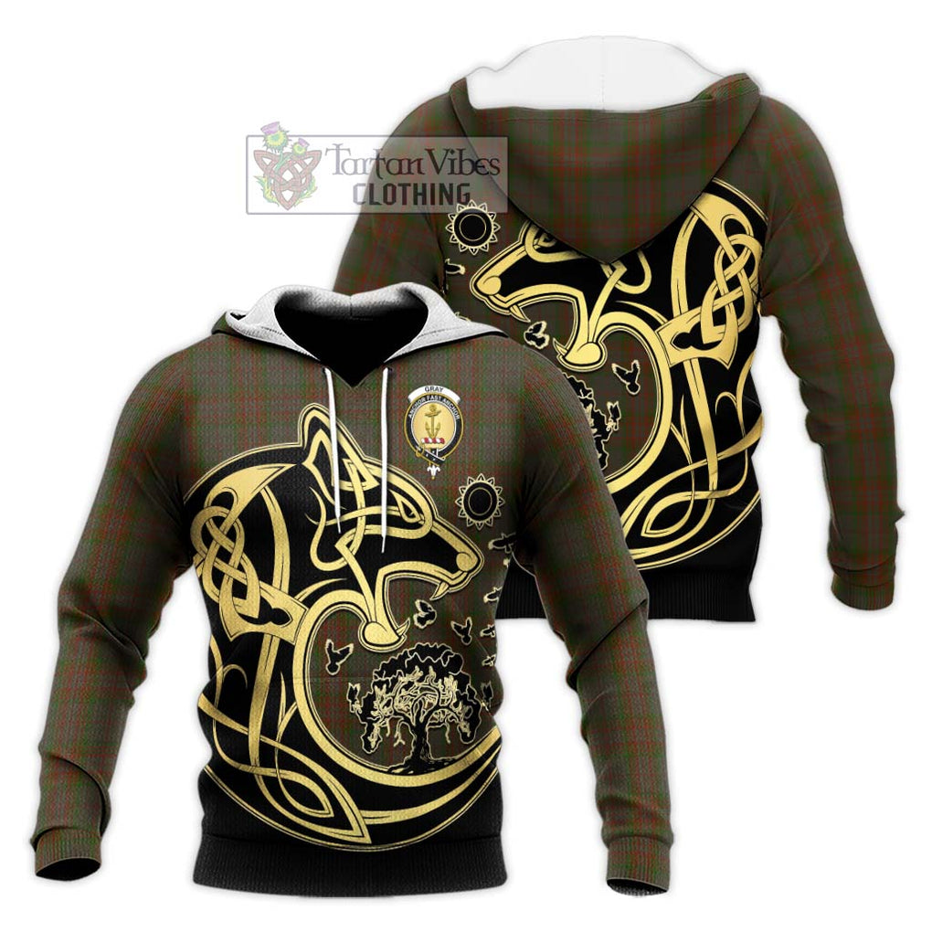 Gray Tartan Knitted Hoodie with Family Crest Celtic Wolf Style Unisex Knitted Pullover Hoodie - Tartan Vibes Clothing