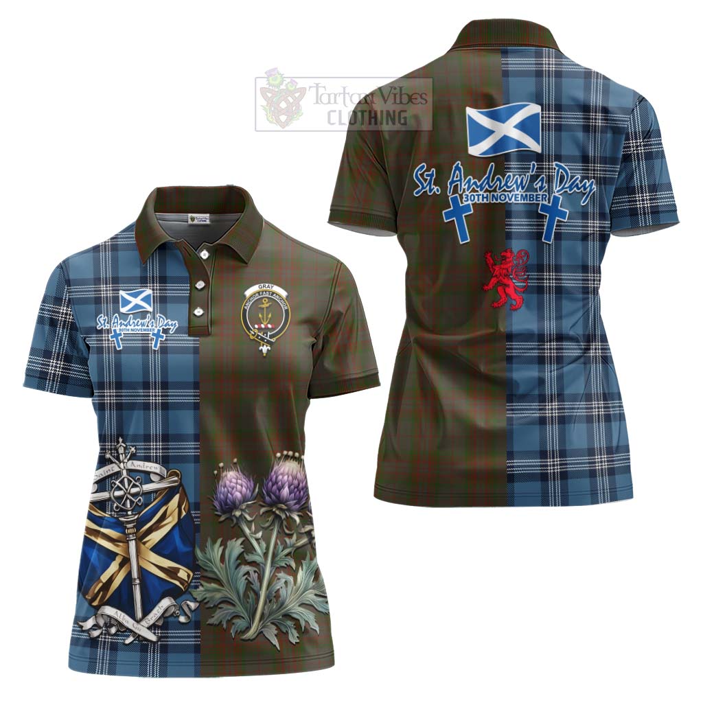 Tartan Vibes Clothing Gray Tartan Women's Polo Shirt Happy St. Andrew's Day Half Tartan Style