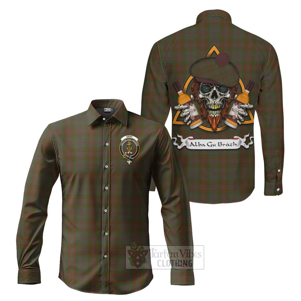 Tartan Vibes Clothing Gray Tartan Long Sleeve Button Shirt with Family Crest and Bearded Skull Holding Bottles of Whiskey