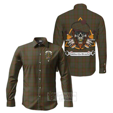 Gray Tartan Long Sleeve Button Shirt with Family Crest and Bearded Skull Holding Bottles of Whiskey