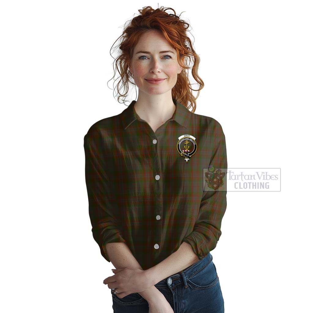 Tartan Vibes Clothing Gray Tartan Women's Casual Shirt with Family Crest Celtic Skull Style