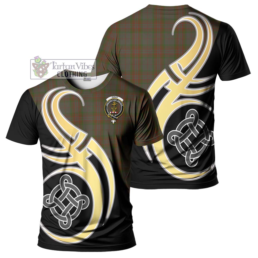 Tartan Vibes Clothing Gray Tartan T-Shirt with Family Crest and Celtic Symbol Style