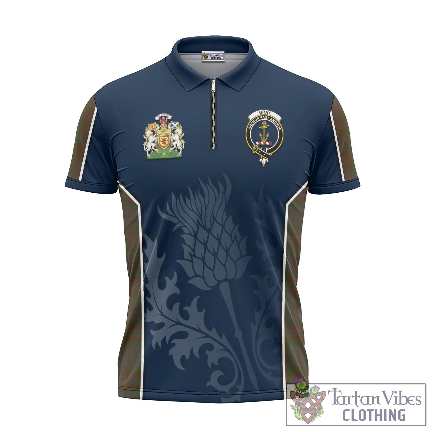 Tartan Vibes Clothing Gray Tartan Zipper Polo Shirt with Family Crest and Scottish Thistle Vibes Sport Style