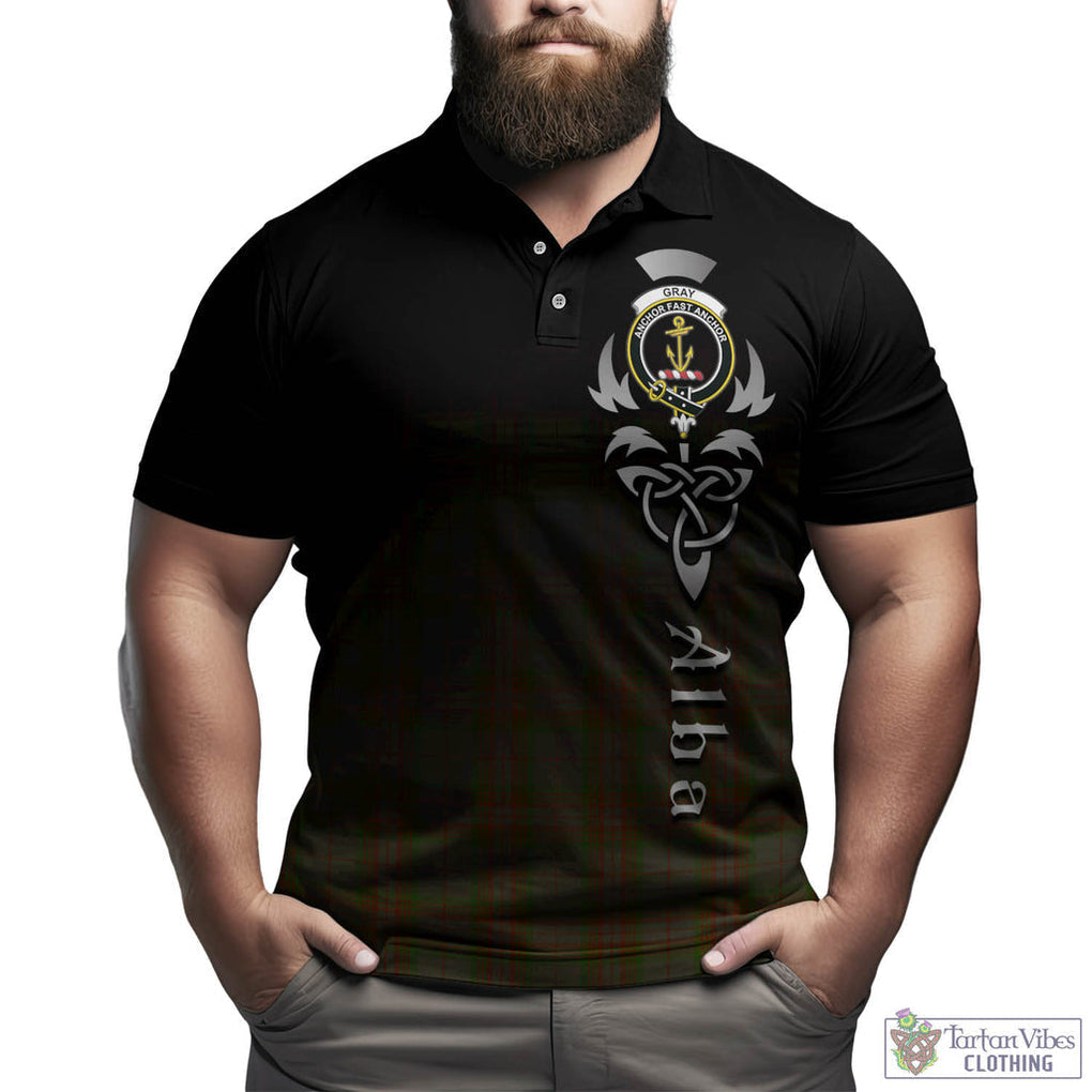 Tartan Vibes Clothing Gray Tartan Polo Shirt Featuring Alba Gu Brath Family Crest Celtic Inspired