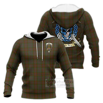 Gray Tartan Knitted Hoodie with Family Crest Celtic Skull Style