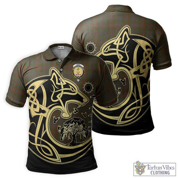 Gray Tartan Polo Shirt with Family Crest Celtic Wolf Style