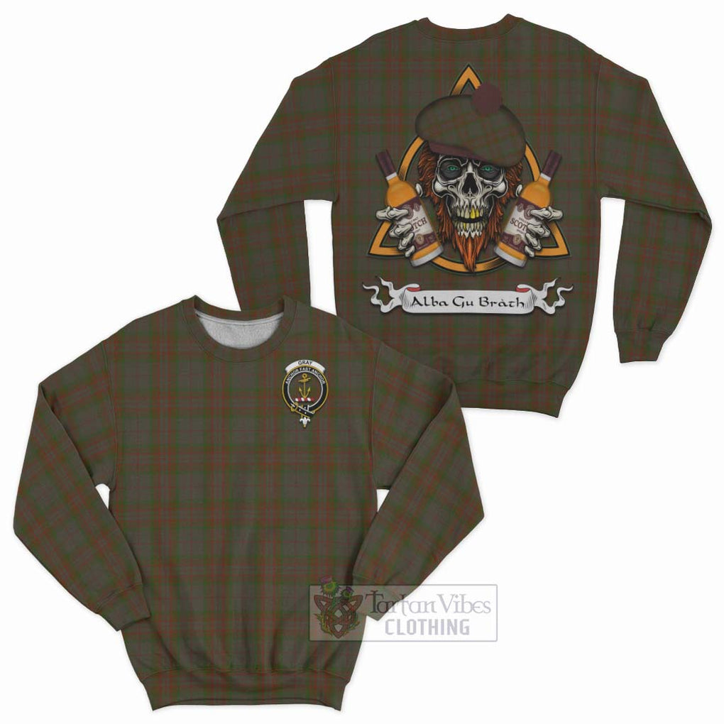 Tartan Vibes Clothing Gray Tartan Sweatshirt with Family Crest and Bearded Skull Holding Bottles of Whiskey