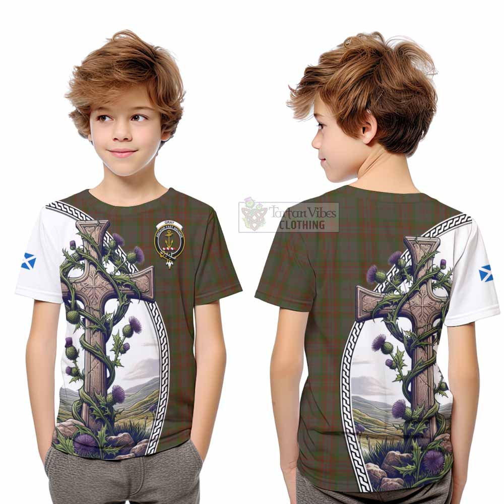 Tartan Vibes Clothing Gray Tartan Kid T-Shirt with Family Crest and St. Andrew's Cross Accented by Thistle Vines