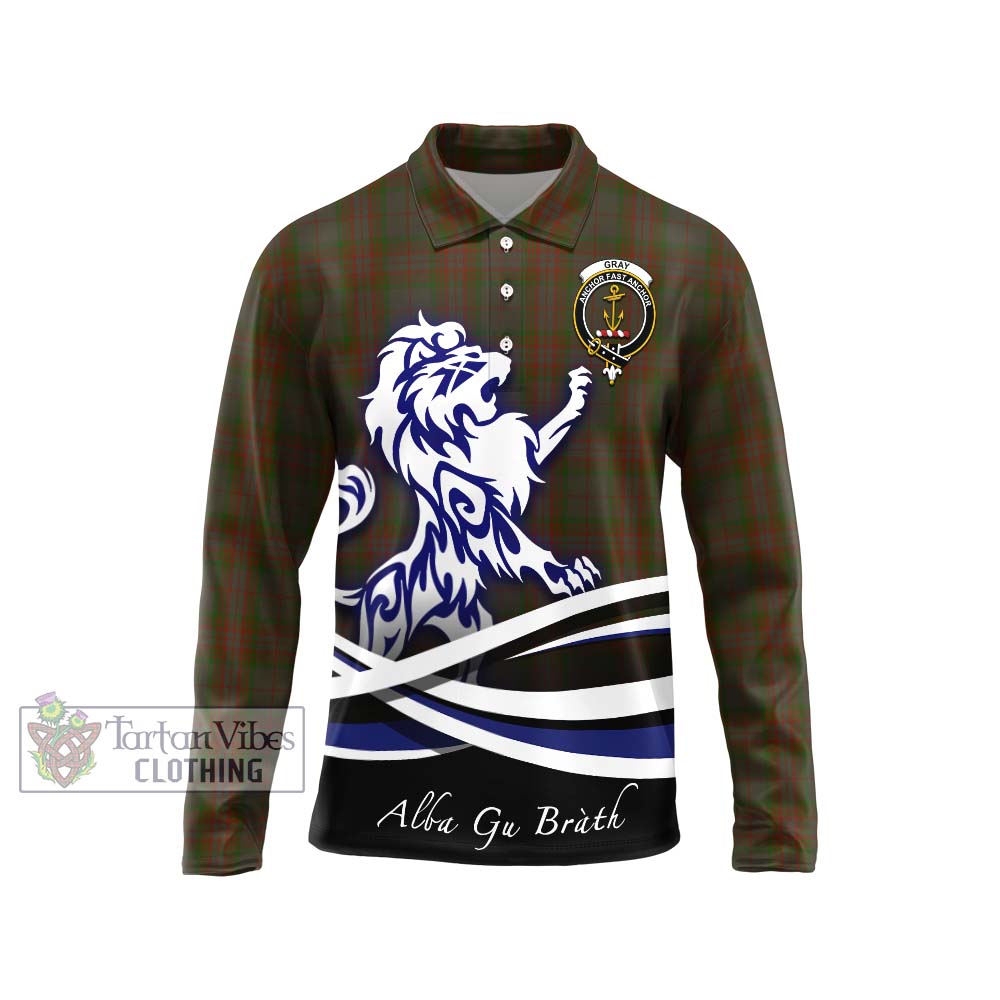 Gray Tartan Long Sleeve Polo Shirt with Alba Gu Brath Regal Lion Emblem Unisex - Tartanvibesclothing Shop