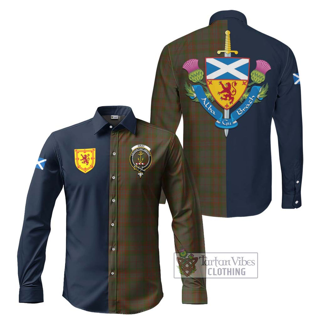 Tartan Vibes Clothing Gray Tartan Long Sleeve Button Shirt with Scottish Lion Royal Arm Half Style