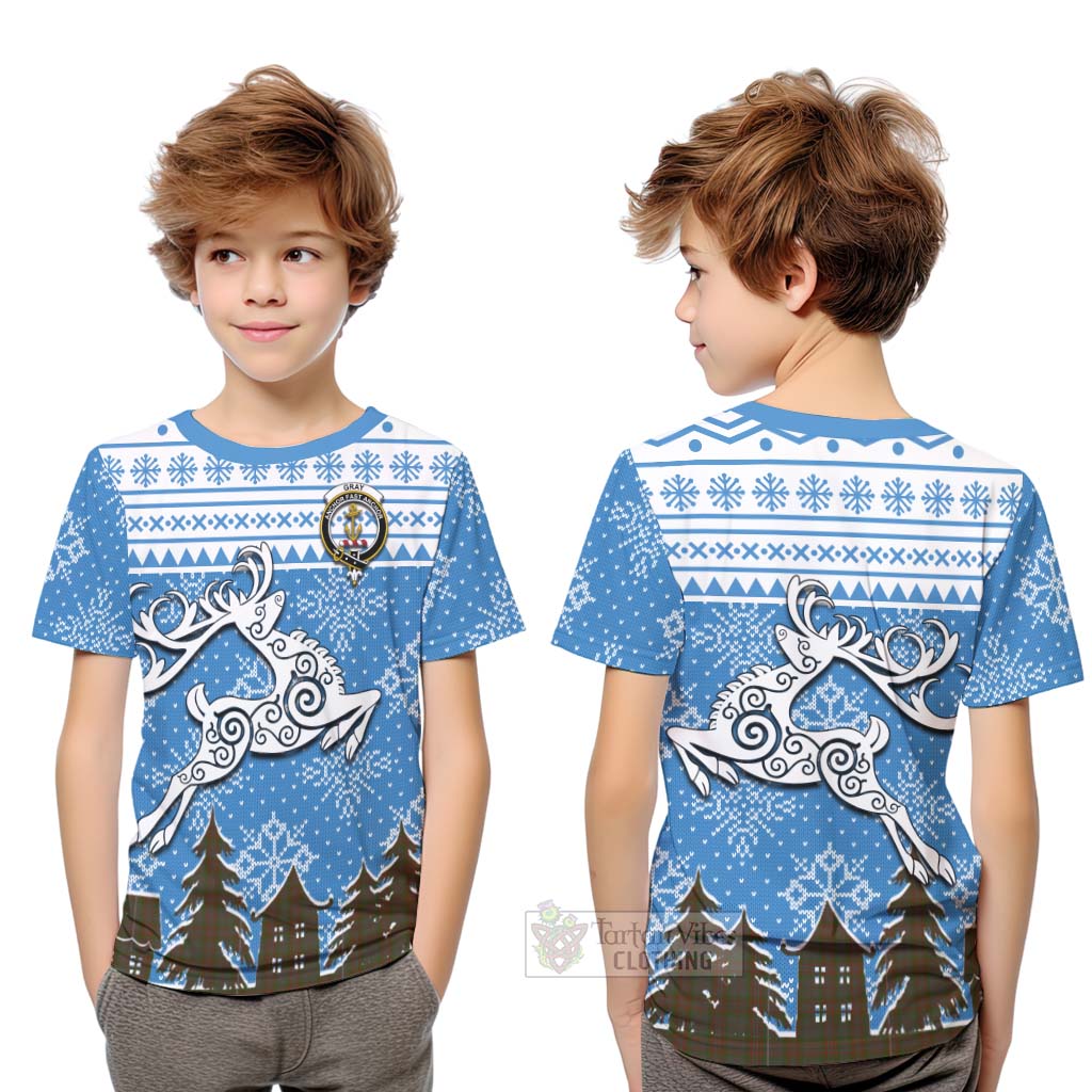 Tartan Vibes Clothing Gray Clan Christmas Kid T-Shirt Celtic Reindeer Style