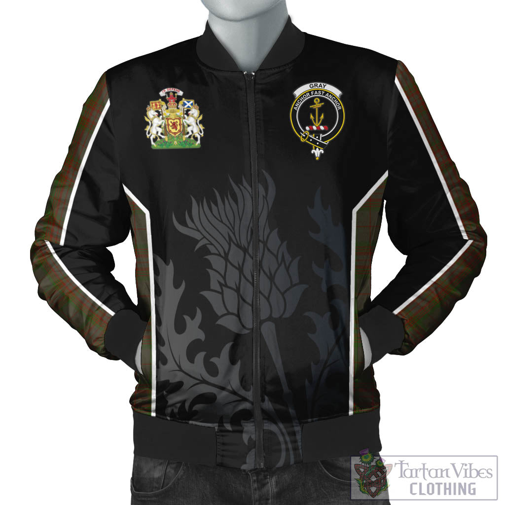 Tartan Vibes Clothing Gray Tartan Bomber Jacket with Family Crest and Scottish Thistle Vibes Sport Style