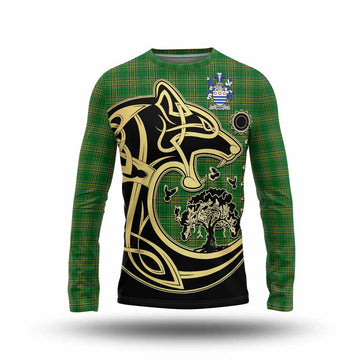 Gray Irish Tartan Long Sleeve T-Shirt with Coat of Arms Celtic Wolf Style