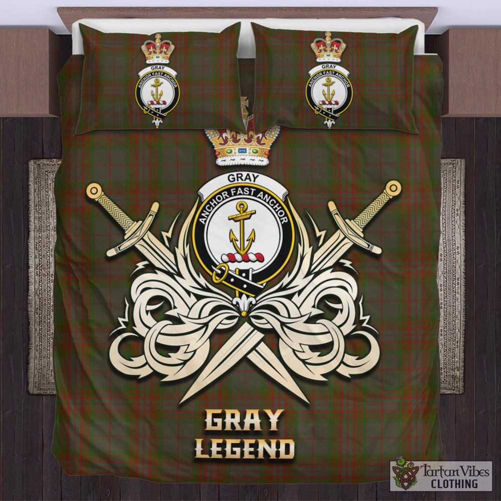 Tartan Vibes Clothing Gray Tartan Bedding Set with Clan Crest and the Golden Sword of Courageous Legacy