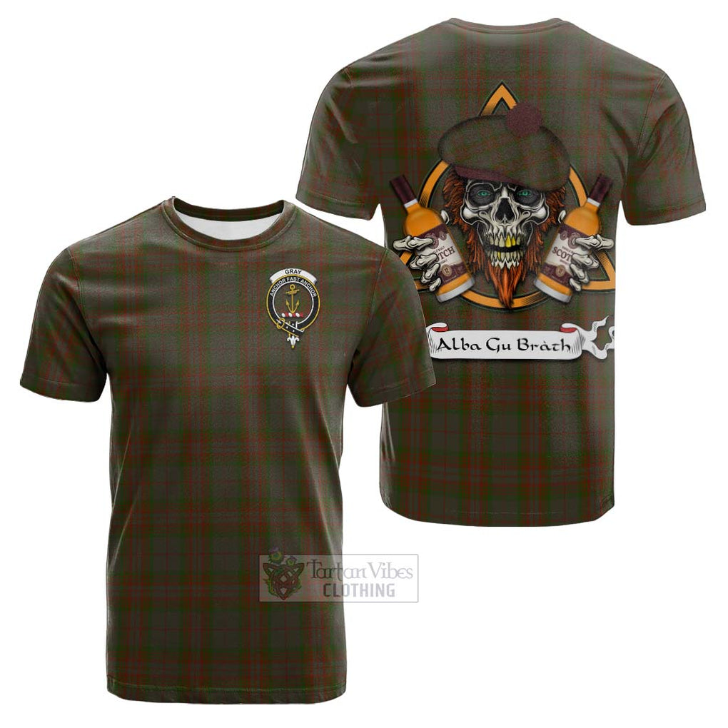 Tartan Vibes Clothing Gray Tartan Cotton T-shirt with Family Crest and Bearded Skull Holding Bottles of Whiskey