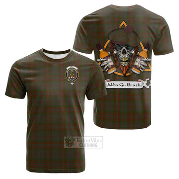 Gray Tartan Cotton T-shirt with Family Crest and Bearded Skull Holding Bottles of Whiskey