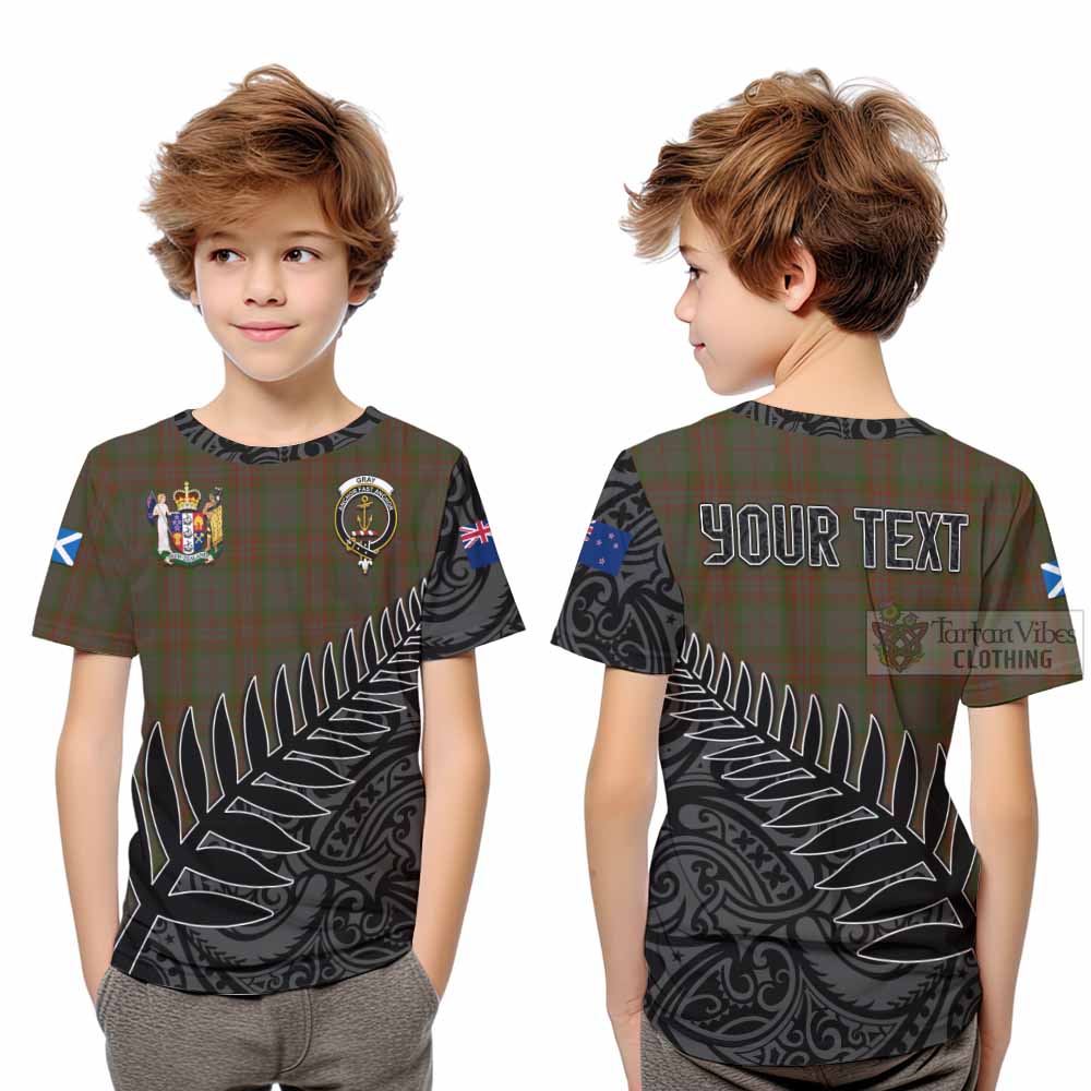 Tartan Vibes Clothing Gray Crest Tartan Kid T-Shirt with New Zealand Silver Fern Half Style