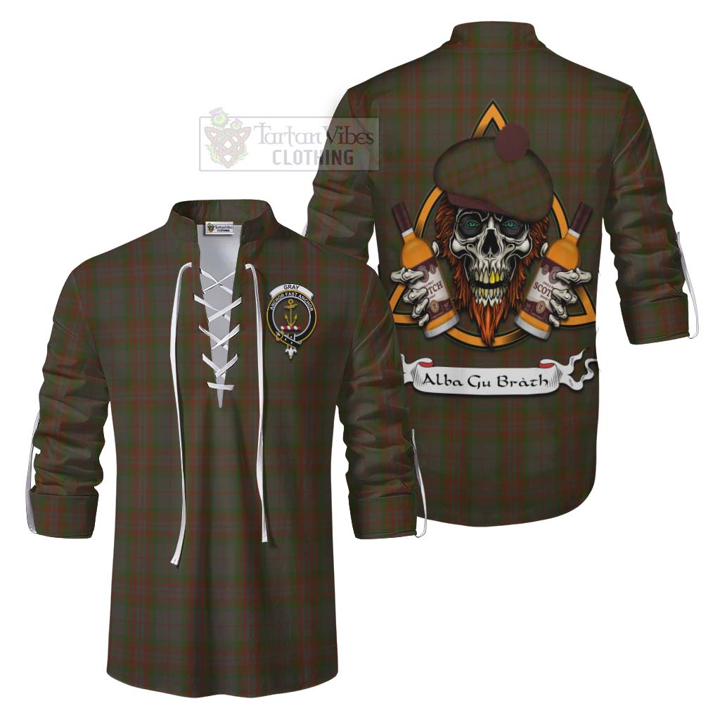 Tartan Vibes Clothing Gray Tartan Ghillie Kilt Shirt with Family Crest and Bearded Skull Holding Bottles of Whiskey