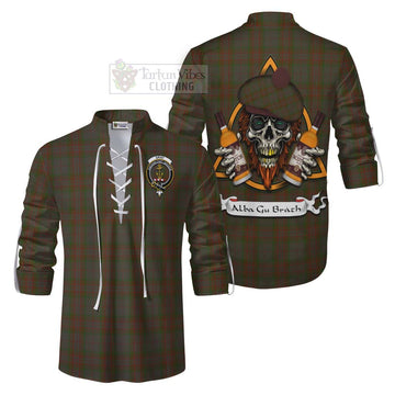 Gray Tartan Ghillie Kilt Shirt with Family Crest and Bearded Skull Holding Bottles of Whiskey