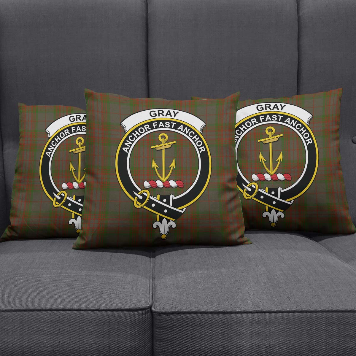 Gray Tartan Pillow Cover with Family Crest Square Pillow Cover - Tartanvibesclothing