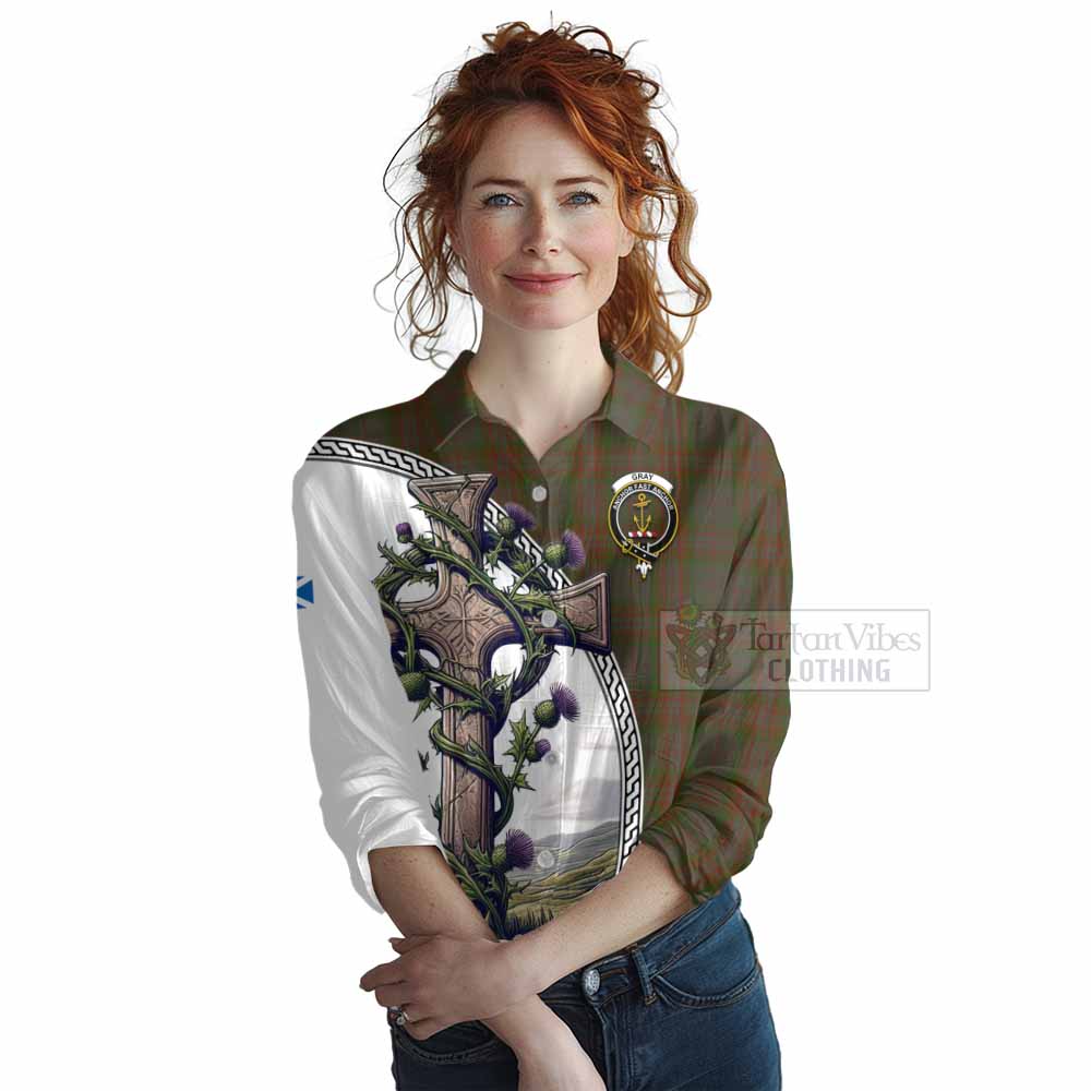 Tartan Vibes Clothing Gray Tartan Women's Casual Shirt with Family Crest and St. Andrew's Cross Accented by Thistle Vines