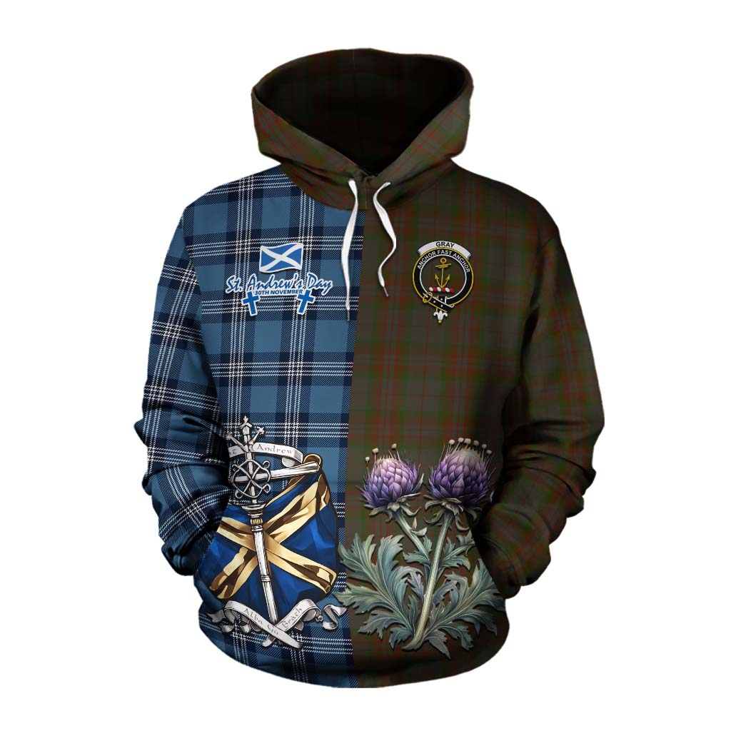 Tartan Vibes Clothing Gray Tartan Cotton Hoodie Happy St. Andrew's Day Half Tartan Style