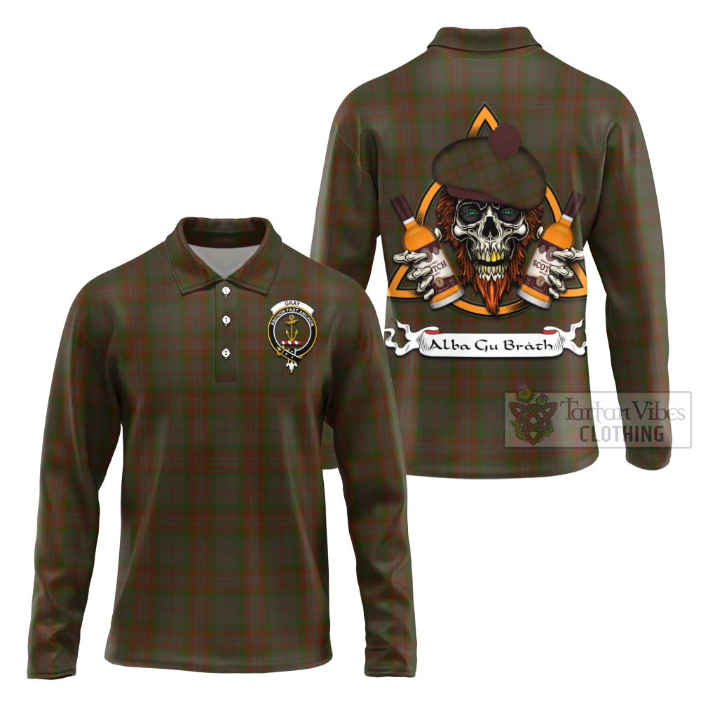 Tartan Vibes Clothing Gray Tartan Long Sleeve Polo Shirt with Family Crest and Bearded Skull Holding Bottles of Whiskey