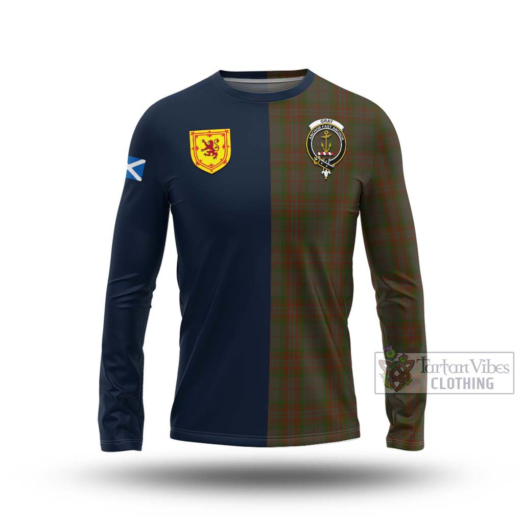 Tartan Vibes Clothing Gray Tartan Long Sleeve T-Shirt with Scottish Lion Royal Arm Half Style