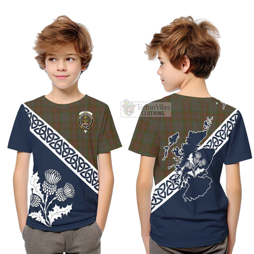 Tartan Vibes Clothing Gray Tartan Kid T-Shirt Featuring Thistle and Scotland Map