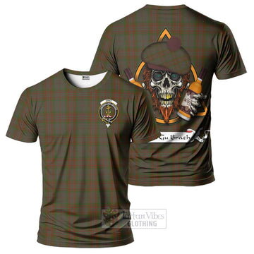 Gray Tartan T-Shirt with Family Crest and Bearded Skull Holding Bottles of Whiskey