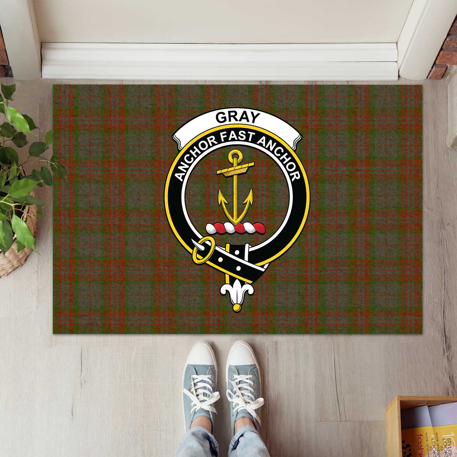 Gray Tartan Door Mat with Family Crest - Tartanvibesclothing