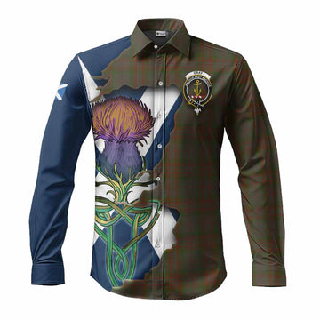 Gray Tartan Family Crest Long Sleeve Button Shirt Scottish Thistle Celtic Inspired Men's Shirt S - Tartan Vibes Clothing