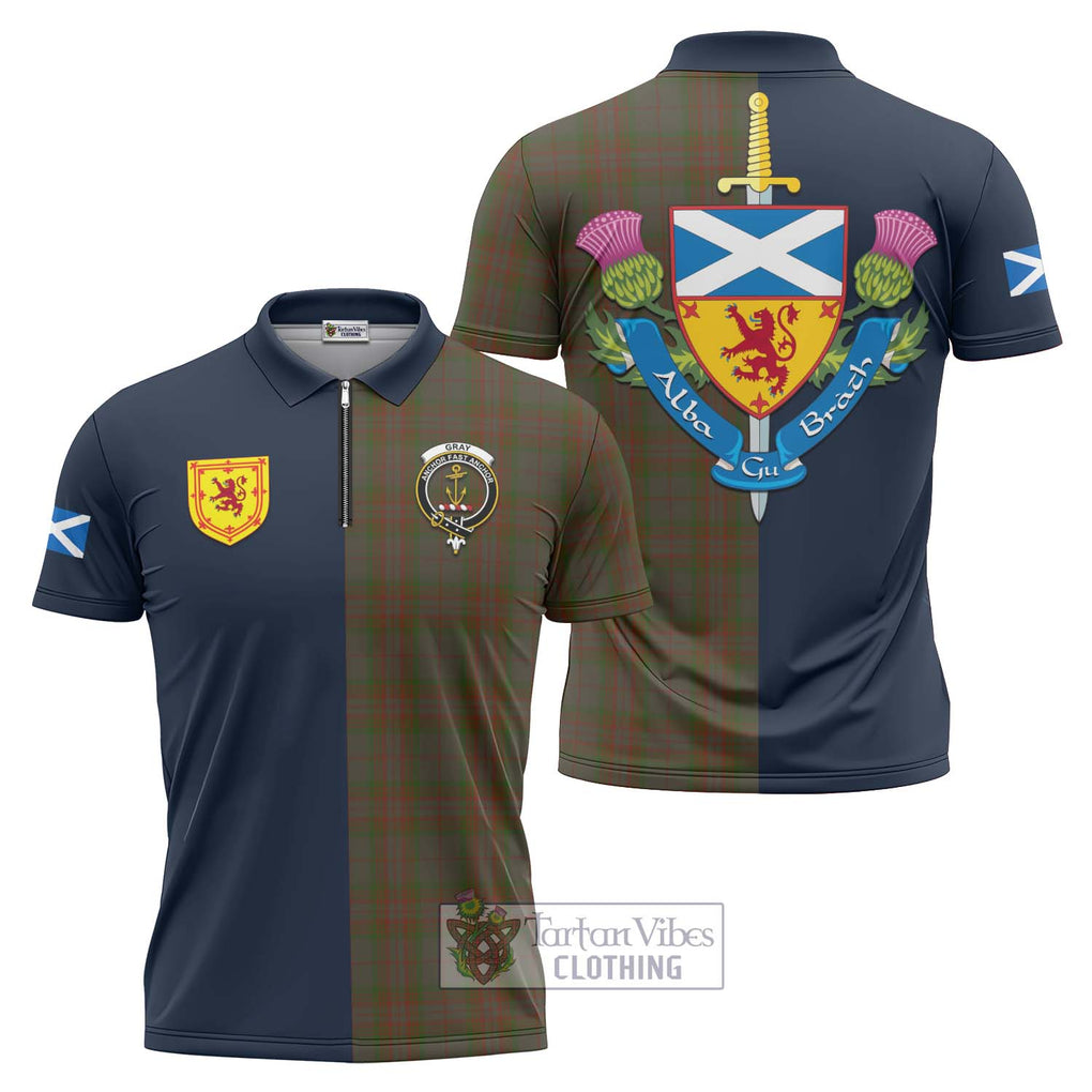 Tartan Vibes Clothing Gray Tartan Zipper Polo Shirt with Scottish Lion Royal Arm Half Style