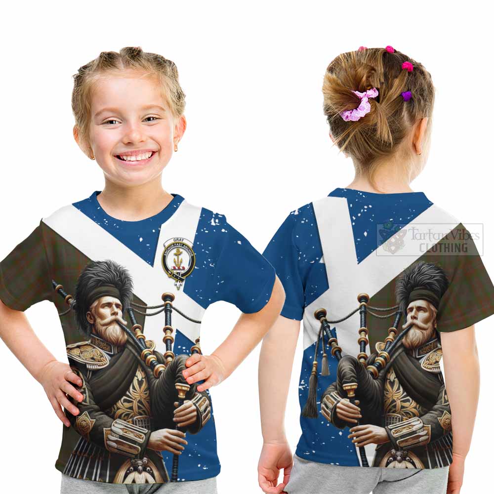 Tartan Vibes Clothing Gray Tartan Kid T-Shirt with Family Crest Scottish Bagpiper Vibes