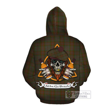 Gray Tartan Cotton Hoodie with Family Crest and Bearded Skull Holding Bottles of Whiskey