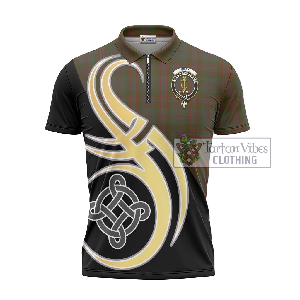 Tartan Vibes Clothing Gray Tartan Zipper Polo Shirt with Family Crest and Celtic Symbol Style