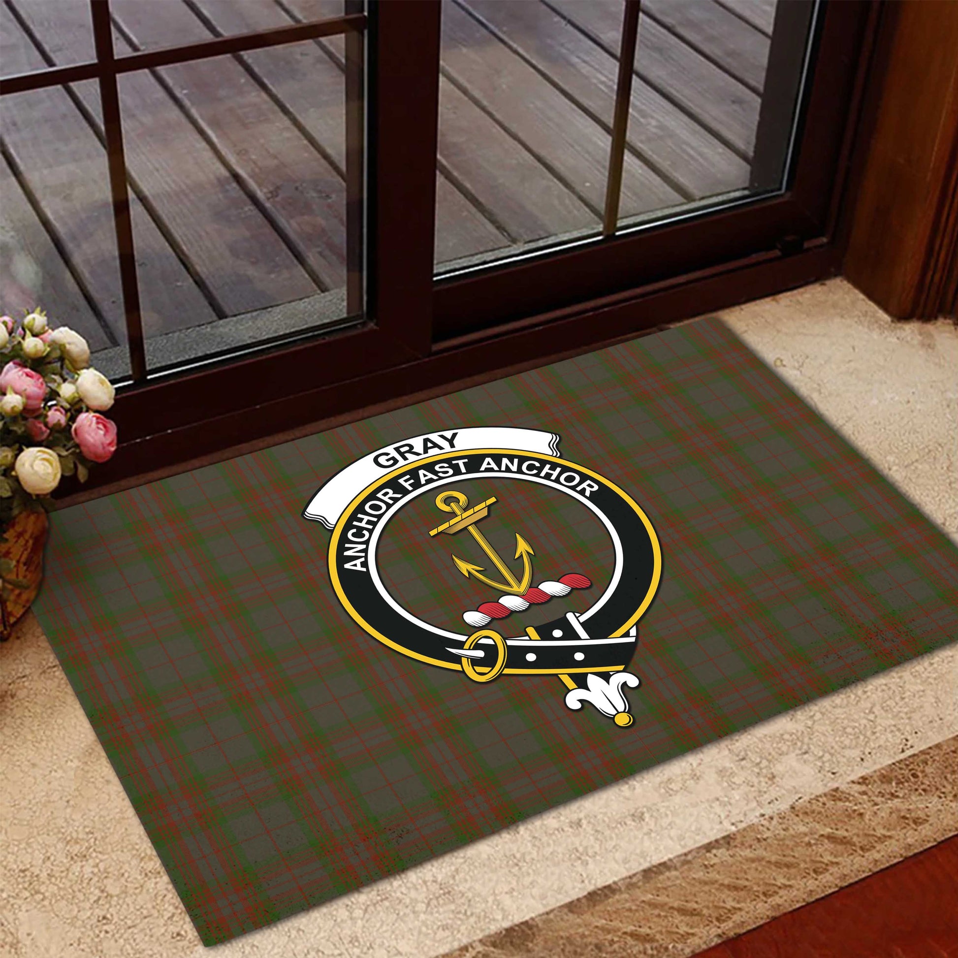 Gray Tartan Door Mat with Family Crest - Tartanvibesclothing