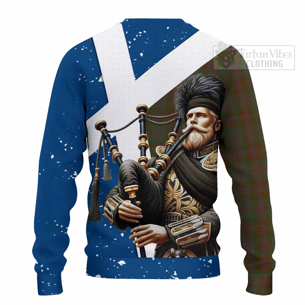 Tartan Vibes Clothing Gray Tartan Knitted Sweater with Family Crest Scottish Bagpiper Vibes