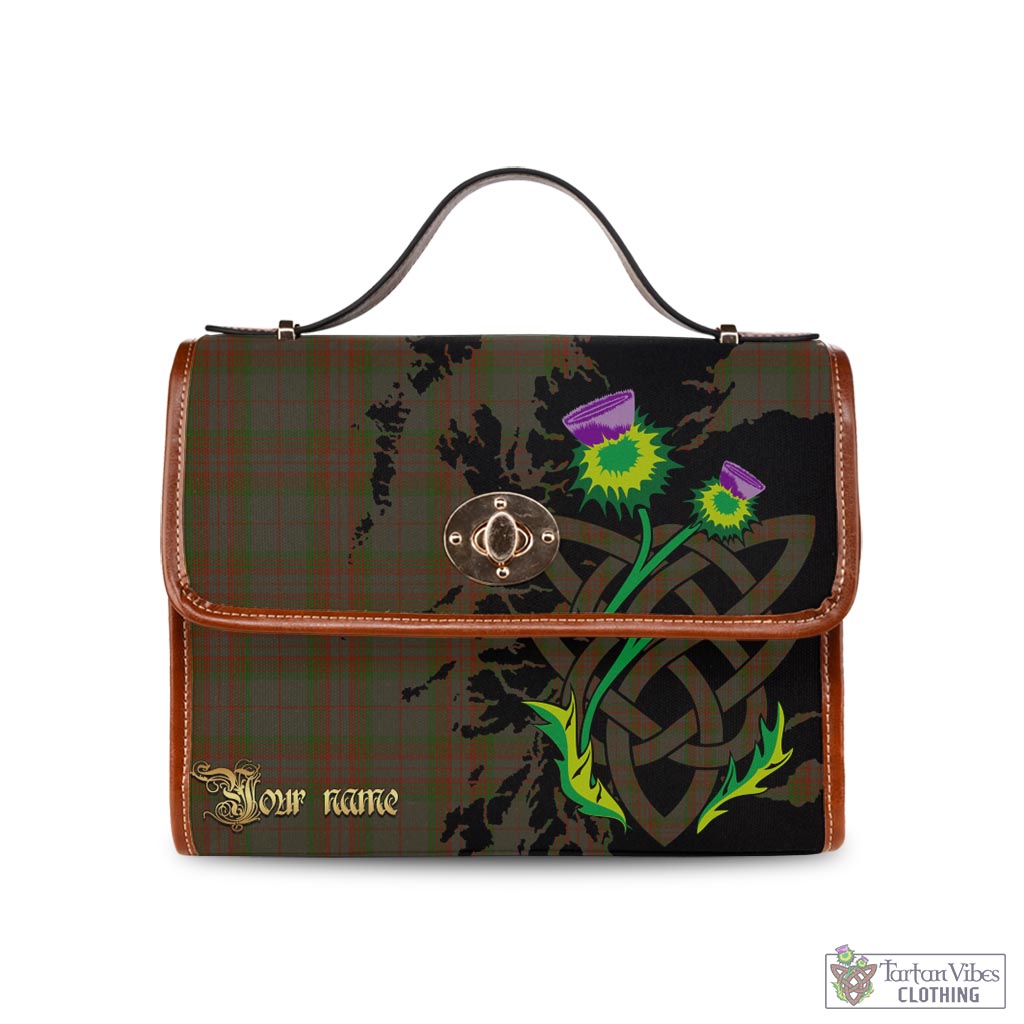 Gray Tartan Waterproof Canvas Bag with Scotland Map and Thistle Celtic Accents Brown Leather Strap One Size 10.5*20*27cm - Tartan Vibes Clothing