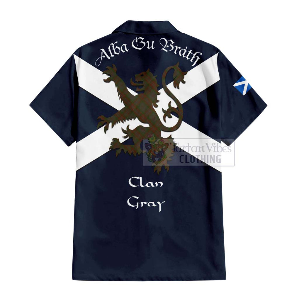 Tartan Vibes Clothing Gray Tartan Lion Rampant Short Sleeve Button Shirt – Proudly Display Your Heritage with Alba Gu Brath and Clan Name