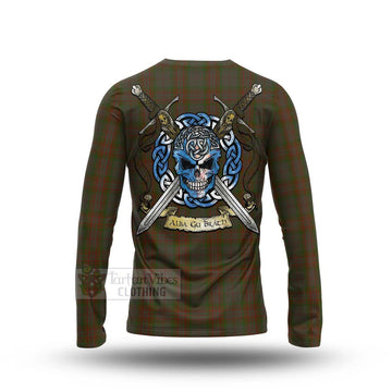 Gray Tartan Long Sleeve T-Shirt with Family Crest Celtic Skull Style