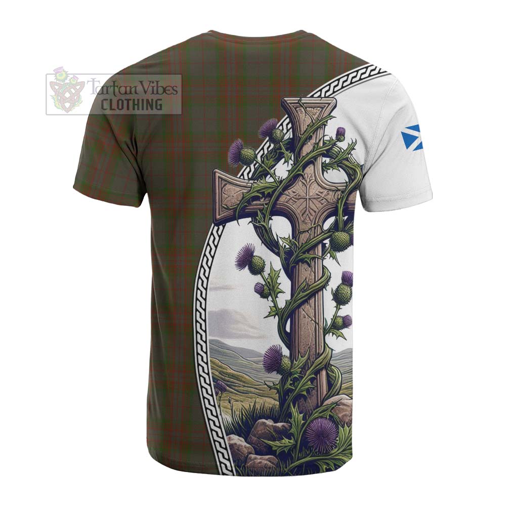 Tartan Vibes Clothing Gray Tartan Cotton T-shirt with Family Crest and St. Andrew's Cross Accented by Thistle Vines