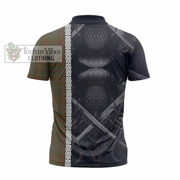 Gray Tartan Zipper Polo Shirt with Family Crest Cross Sword Thistle Celtic Vibes